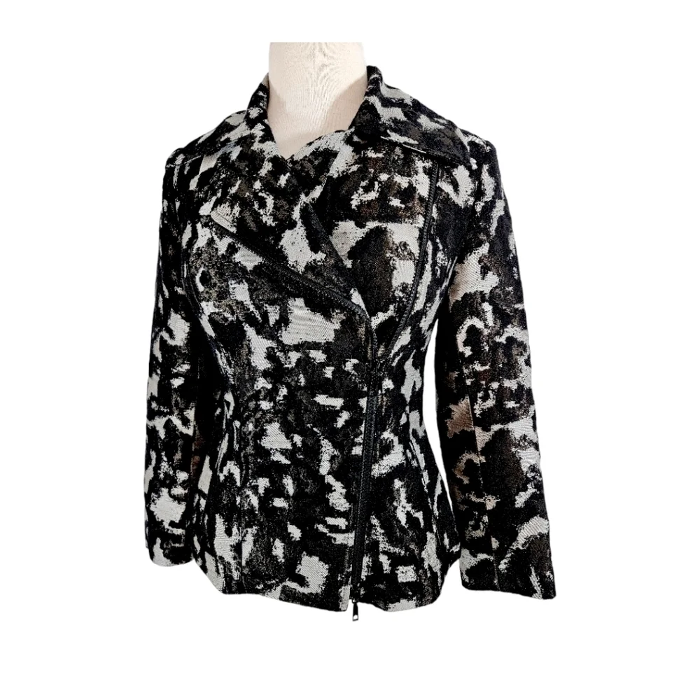 Lafayette 148 Black & Grey Abstract Animal Print Asymmetric Zipper Wool Blazer